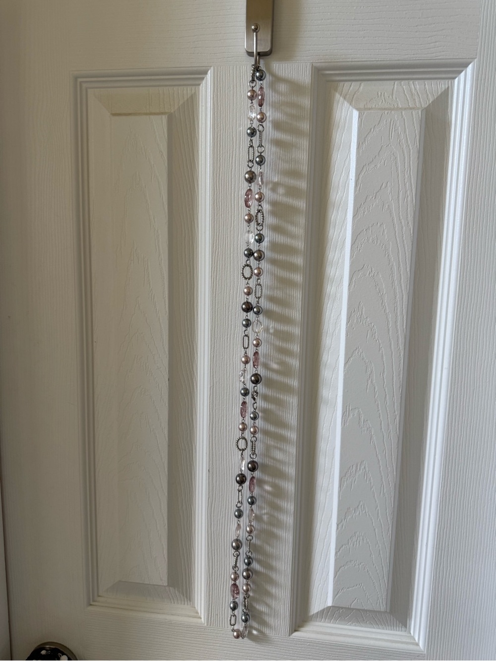 Delicate Multi-Strand Beaded Necklace in Pink, Silver, and Gray